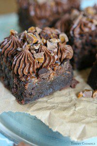 Daim Crunch Fudge Brownies with dark chocolate buttercream frosting